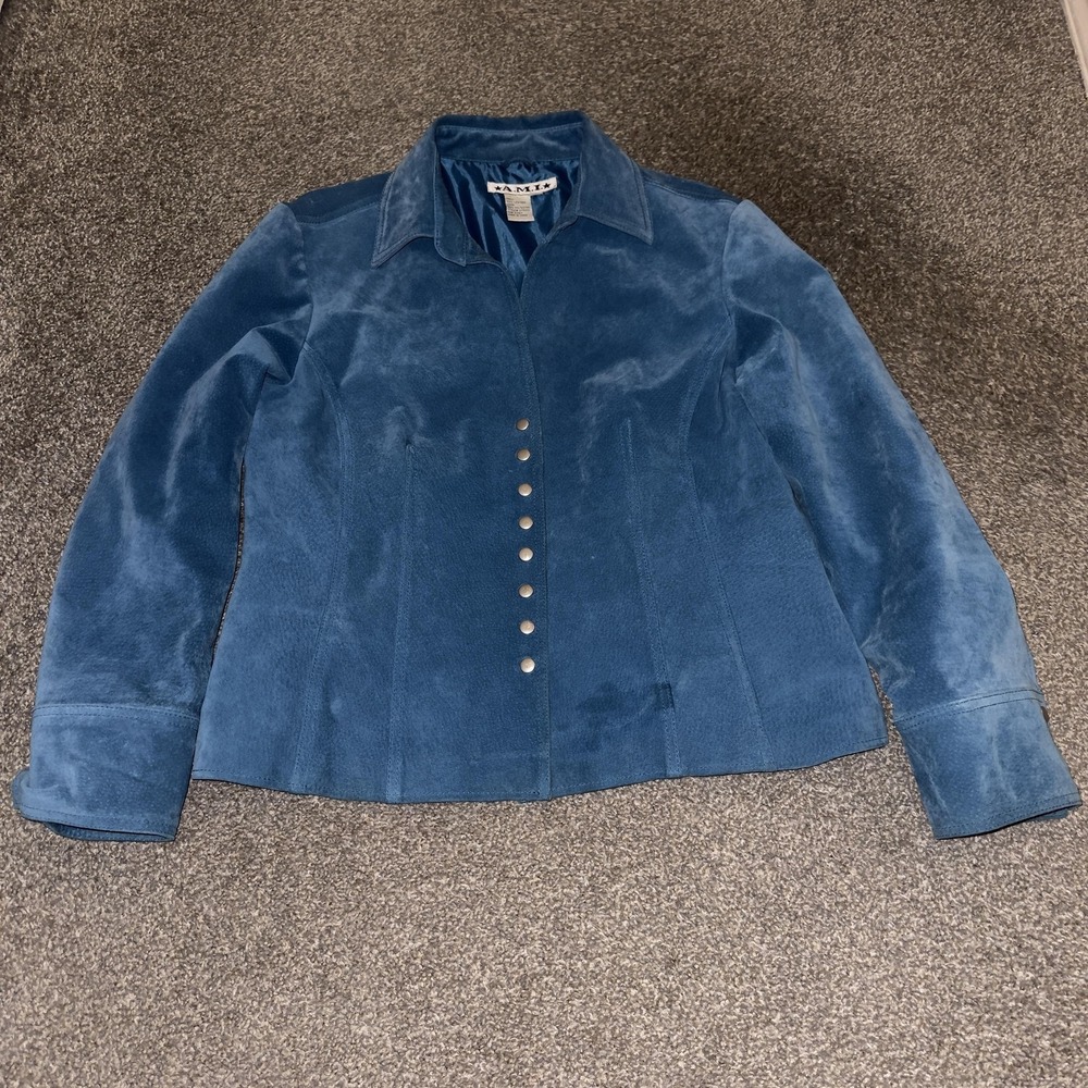 AMI Jacket Womens Large Blue Suede Leather Button Up Western Snap Front Lined‎